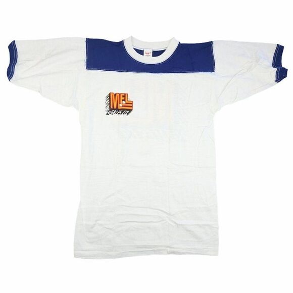 Vintage MEL Long Beach T Shirt Mens Size Small Blue 80s Ringer Tee Made In USA - Picture 2 of 7